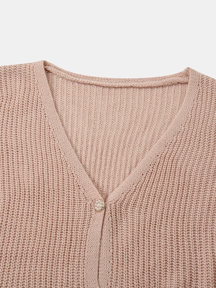 Dame Solid Simple Mild Pink Uregelmæssig Hem Daily Wear Strikket Cardigan