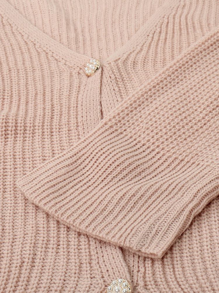 Dame Solid Simple Mild Pink Uregelmæssig Hem Daily Wear Strikket Cardigan