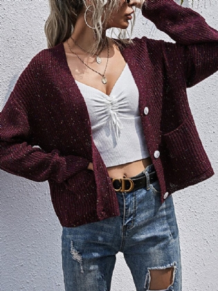 Dame Solid V-hals Button Up Strikket Casual Double Lommer Cardigan Sweater