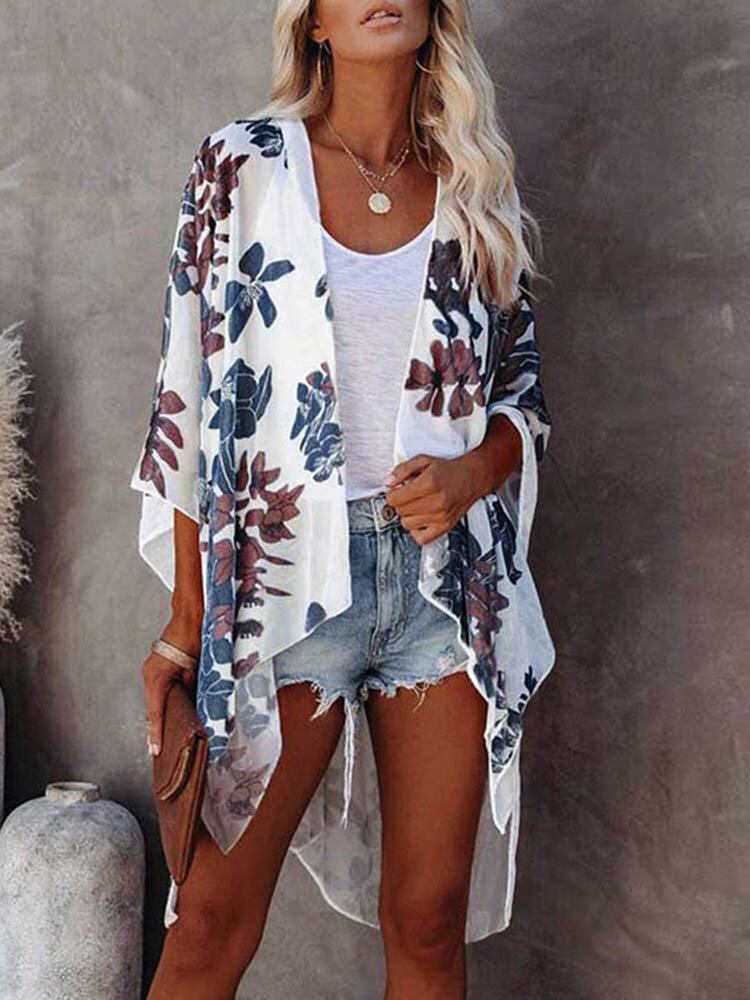 Flower Print Split Høj-lav Hem Løs Åben Front Cardigan