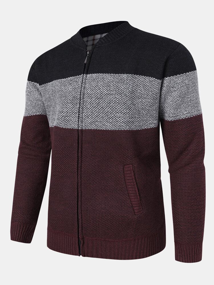 Herre Colorblock Strikket Lynlås Baseballkrave Sweater Cardigans