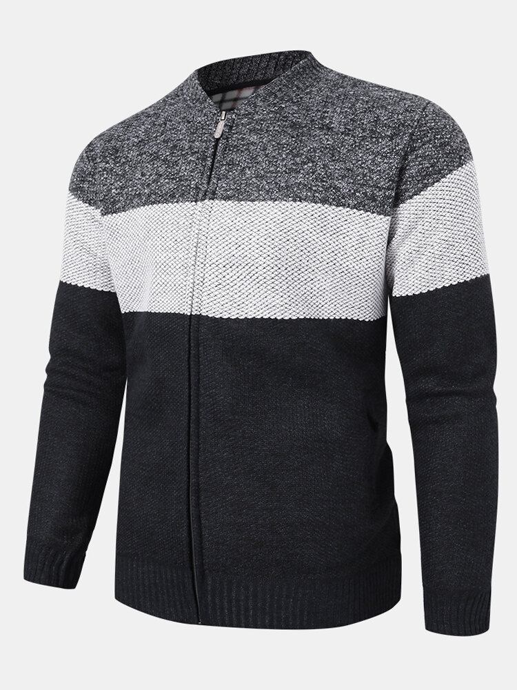 Herre Colorblock Strikket Lynlås Baseballkrave Sweater Cardigans