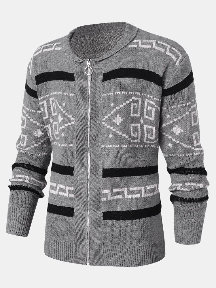 Herre Etnisk Print Lynlås Strikket Casual Slim Fit Langærmet Cardigan Sweater