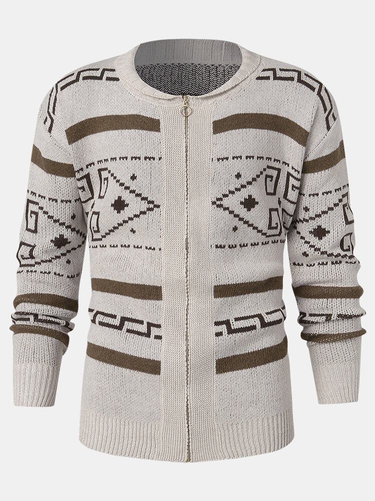 Herre Etnisk Print Lynlås Strikket Casual Slim Fit Langærmet Cardigan Sweater