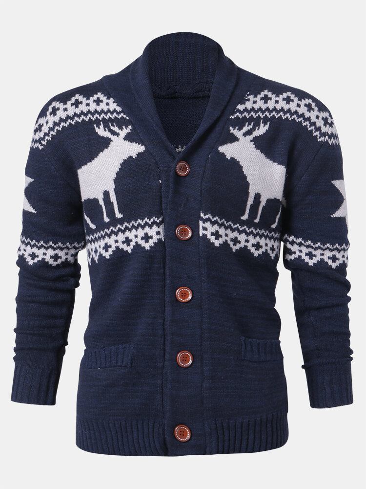 Herre Julerensdyr Knap Tyk Varm Afslappet Strikket Cardigan Sweater