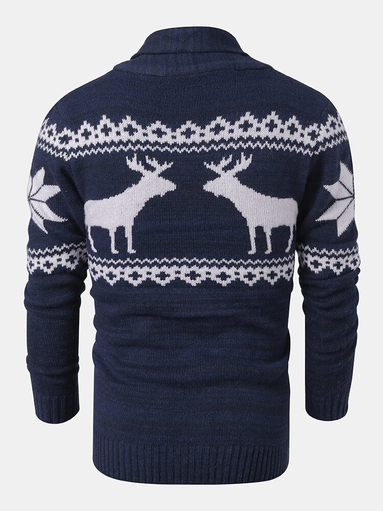 Herre Julerensdyr Knap Tyk Varm Afslappet Strikket Cardigan Sweater