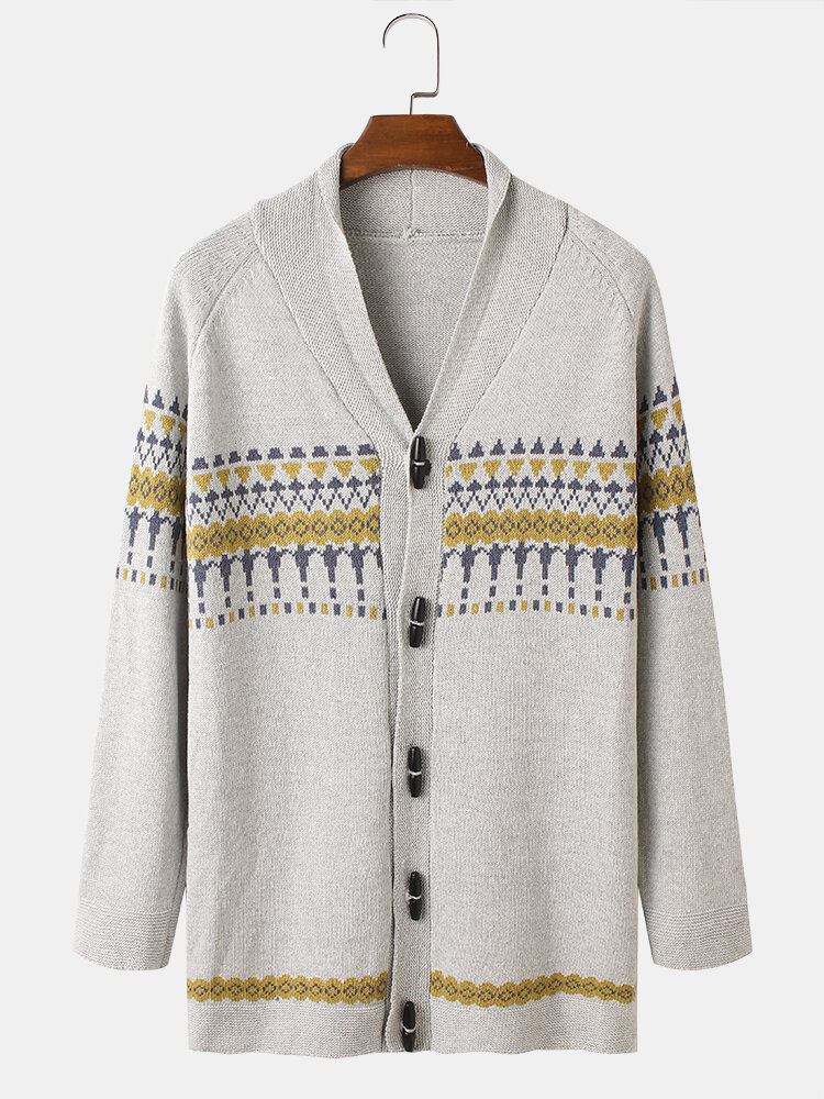 Herre Vintage Mønster Strikket Knap Foran Casual Cardigans Med Raglanærmer