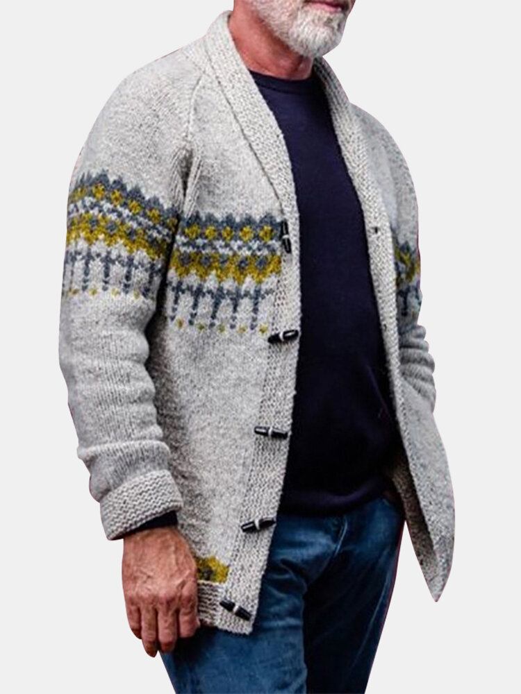 Herre Vintage Mønster Strikket Knap Foran Casual Cardigans Med Raglanærmer