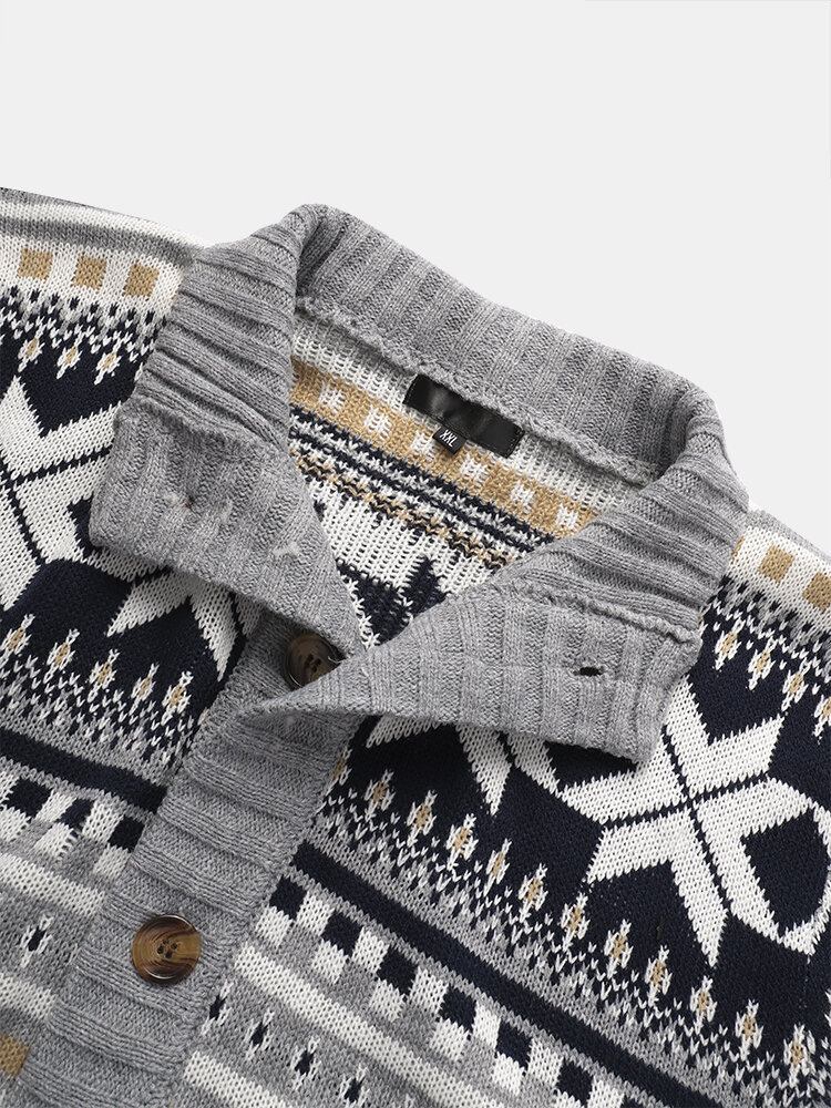 Jul Herre Strikket Geometri Grafik Button Up Varm Sweater Cardigans