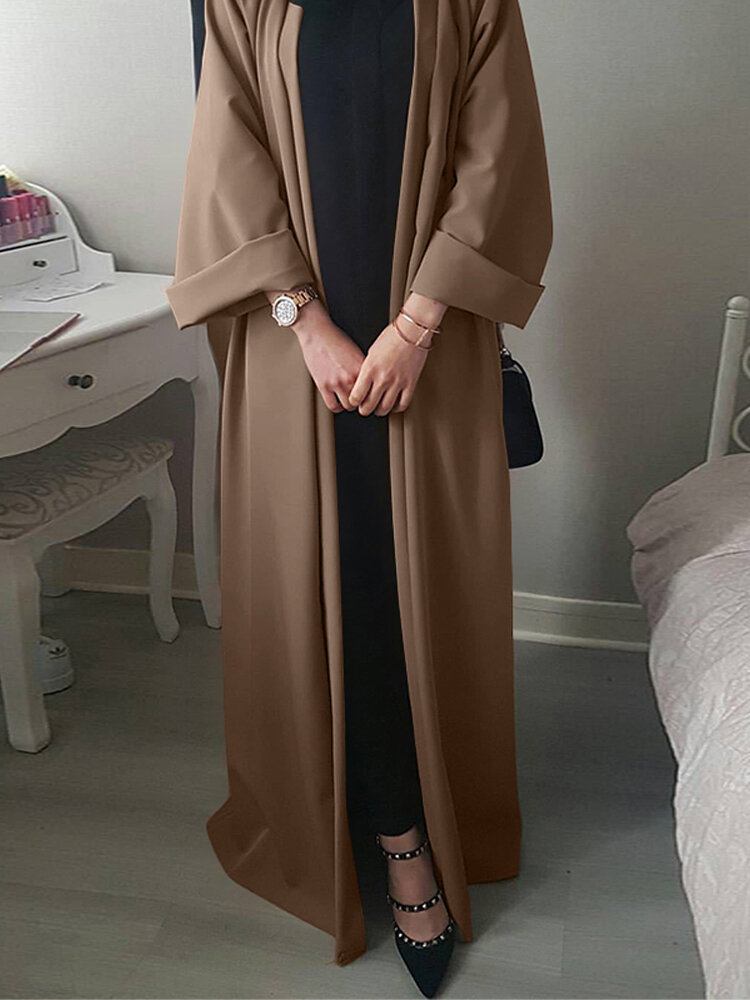 Kvinder Vintage Ensfarvet Løs Casual Cardigan Abaya Kaftan Langærmet Robe