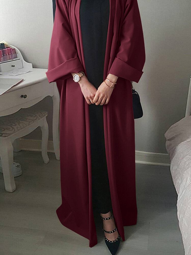 Kvinder Vintage Ensfarvet Løs Casual Cardigan Abaya Kaftan Langærmet Robe