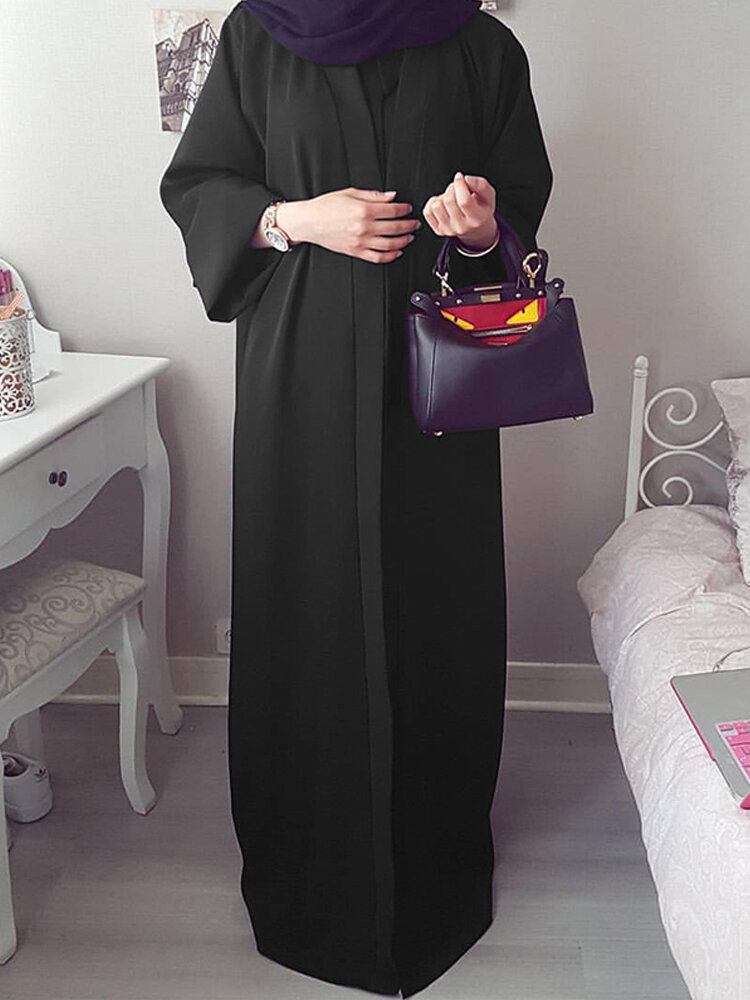 Kvinder Vintage Ensfarvet Løs Casual Cardigan Abaya Kaftan Langærmet Robe