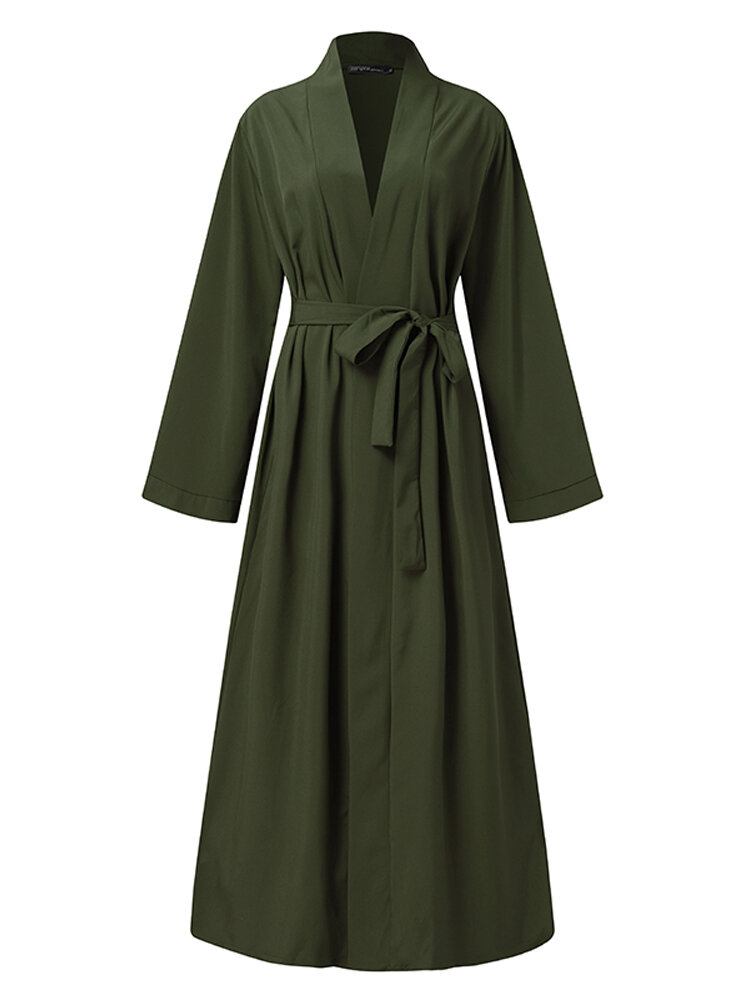 Kvinder Vintage Ensfarvet Løs Casual Cardigan Abaya Kaftan Langærmet Robe