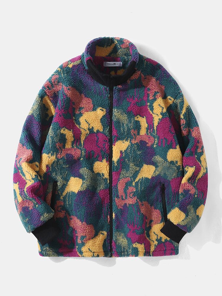 Mænd Polar Fleece Tie Dye Stand Krave Lommer Lynlås Cardigans Jakke Frakke