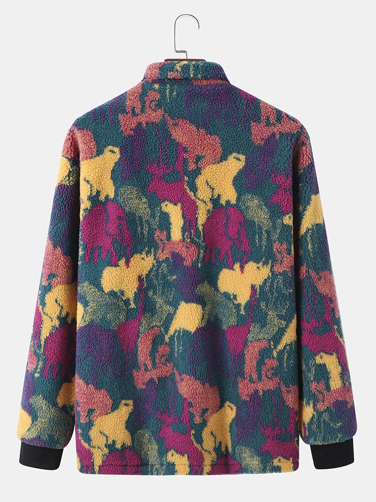 Mænd Polar Fleece Tie Dye Stand Krave Lommer Lynlås Cardigans Jakke Frakke