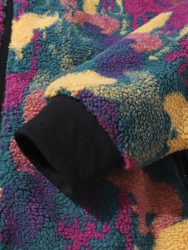 Mænd Polar Fleece Tie Dye Stand Krave Lommer Lynlås Cardigans Jakke Frakke