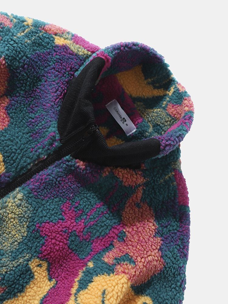 Mænd Polar Fleece Tie Dye Stand Krave Lommer Lynlås Cardigans Jakke Frakke