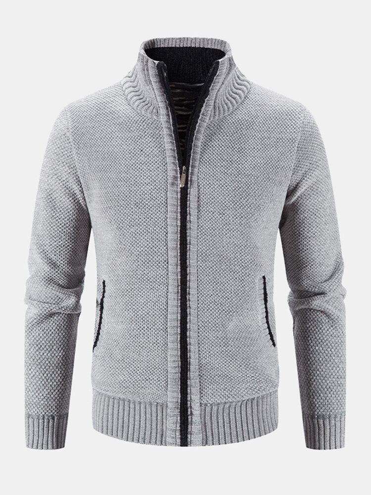 Mænd Strikket Plus Fløjl Elastiske Sømlommer Lynlås Pure Solid Sweater Cardigans