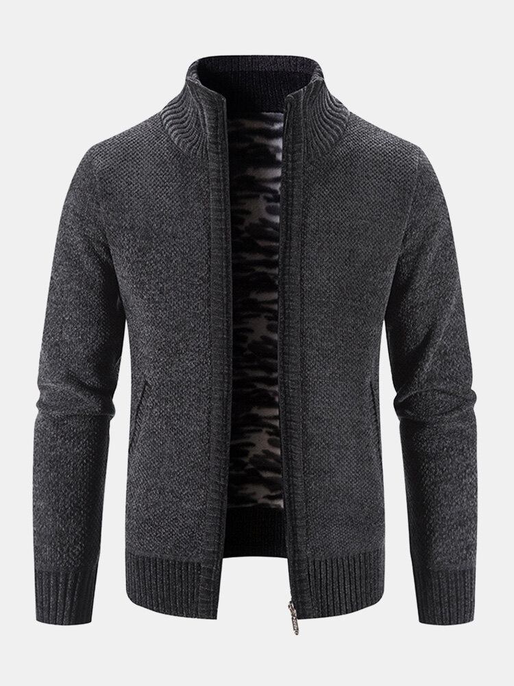 Mænd Strikket Plus Fløjl Elastiske Sømlommer Lynlås Pure Solid Sweater Cardigans