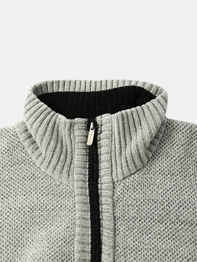 Mænd Strikket Plus Fløjl Elastiske Sømlommer Lynlås Pure Solid Sweater Cardigans