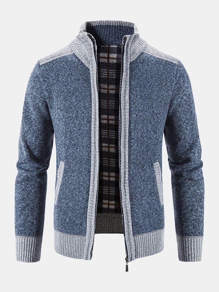 Mænd Strikket Plus Fløjl Højhalset Elastisk Søm Lommer Lynlås Sweater Cardigans