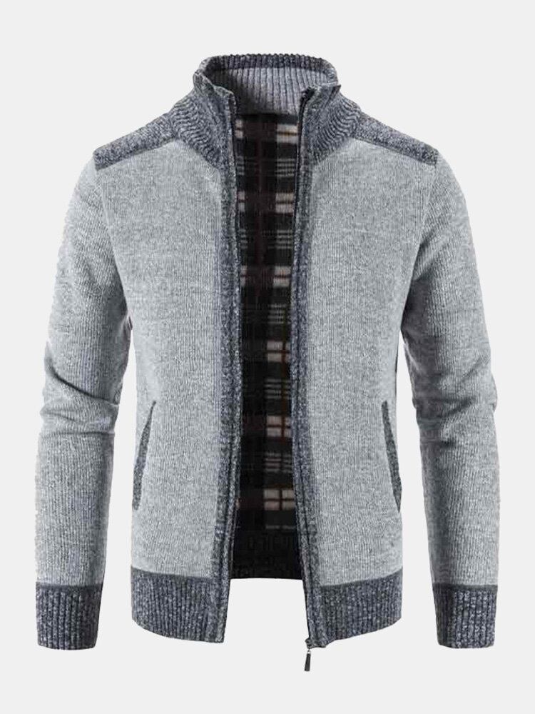 Mænd Strikket Plus Fløjl Højhalset Elastisk Søm Lommer Lynlås Sweater Cardigans