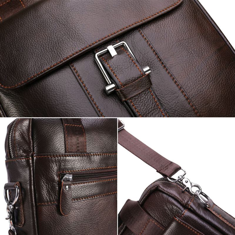 Ægte Læder Til Mænd Med Stor Kapacitet Crossbody-taske Vintage Business Solid Briefcase Skuldertaske Messenger Bag