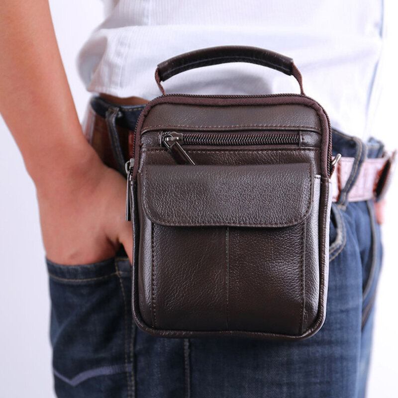 Ægte Læder Til Mænd Retro Multi-lomme Håndtaske Casual Taljetaske Cross Body Taske