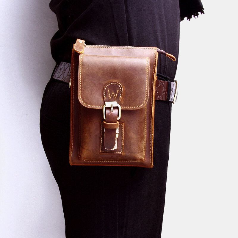 Ægte Læder Til Mænd Vintage Multifunktionel Crossbody Taske Holdbar Bælteløkke Talje Daglig Bæltetaske