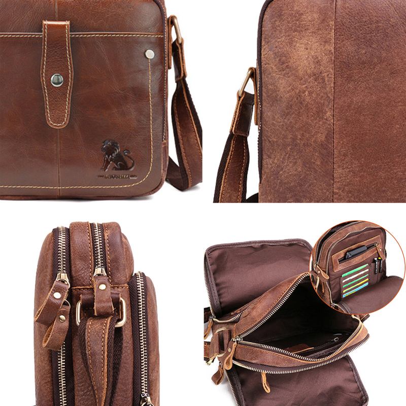 Ægte Læder Til Mænd Vintage Stor Kapacitet Holdbar Crossbody-taske Indvendigt Rum Casual Business-taske