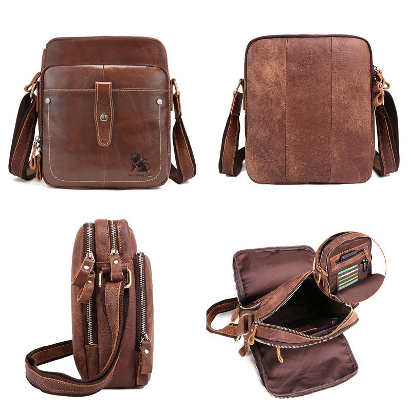 Ægte Læder Til Mænd Vintage Stor Kapacitet Holdbar Crossbody-taske Indvendigt Rum Casual Business-taske