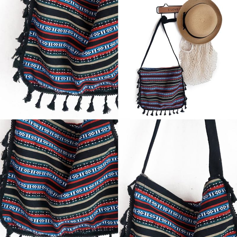 Dame Dacron Bohemian Etnisk Mønster Kvast Design Crossbody Taske Stor Kapacitet Ikke-justerede Stropper Skuldertaske