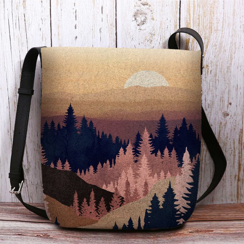 Dame Filt Dame Mountain Treetop Print Mønster Multi-carry Personality Skuldertaske Crossbody Taske