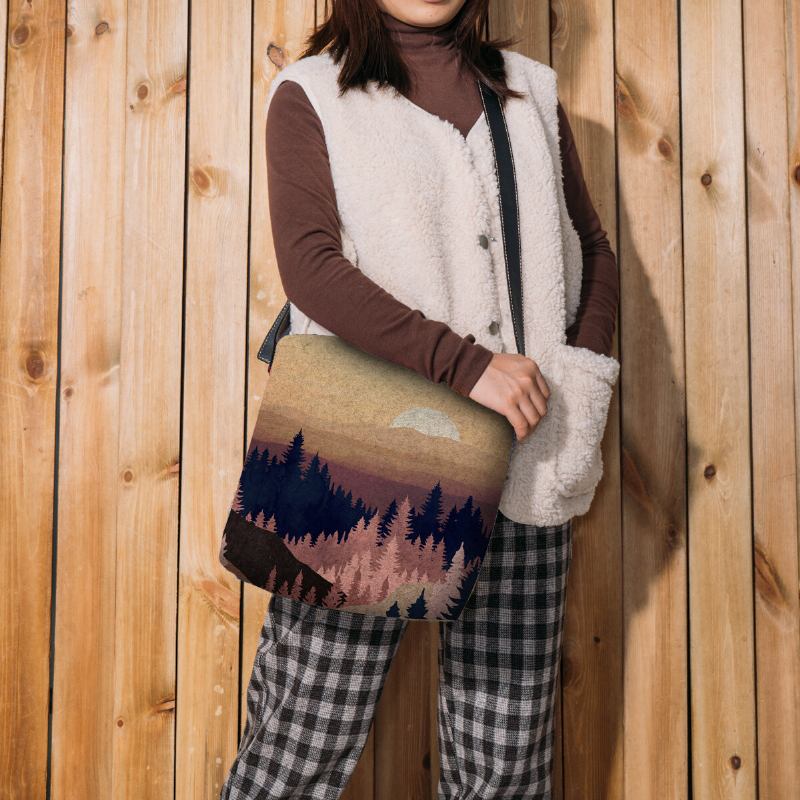 Dame Filt Dame Mountain Treetop Print Mønster Multi-carry Personality Skuldertaske Crossbody Taske