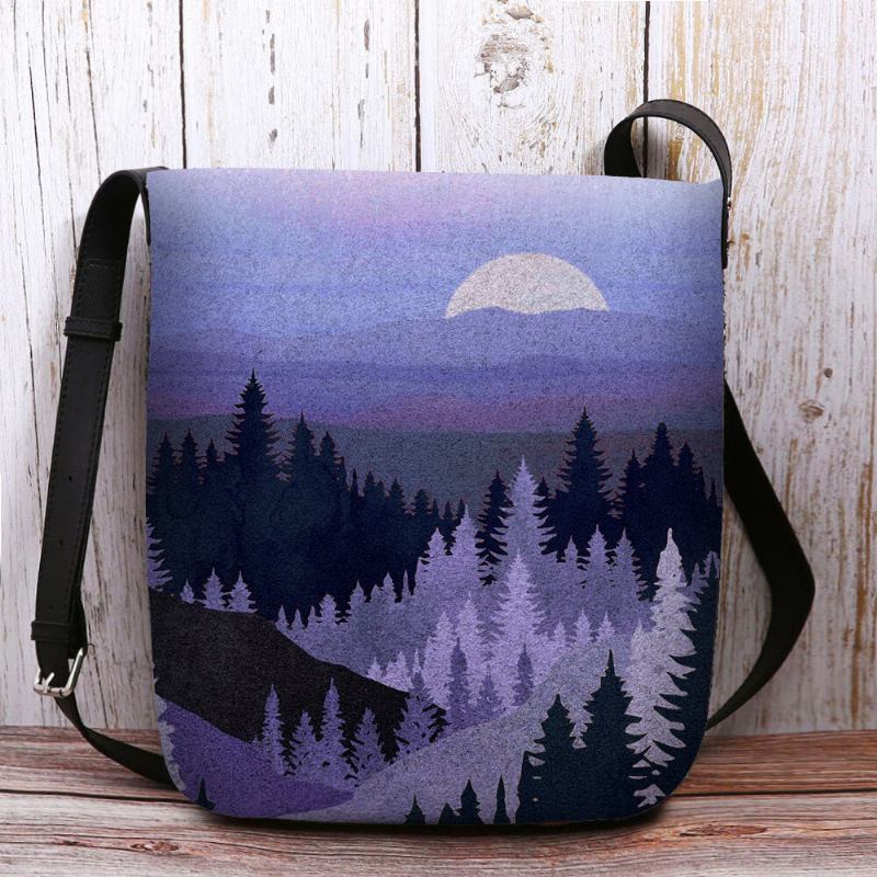 Dame Filt Dame Mountain Treetop Print Mønster Multi-carry Personality Skuldertaske Crossbody Taske