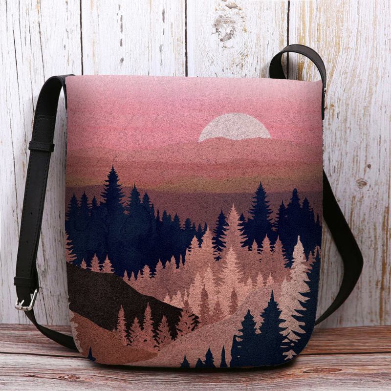 Dame Filt Dame Mountain Treetop Print Mønster Multi-carry Personality Skuldertaske Crossbody Taske