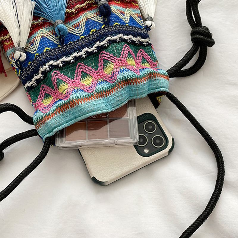 Damer Straw Bohemian Stilfuld Fish Tassel Design Crossbody-taske Mode Vintage Skuldertaske Med Snoretræk