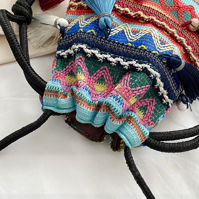 Damer Straw Bohemian Stilfuld Fish Tassel Design Crossbody-taske Mode Vintage Skuldertaske Med Snoretræk