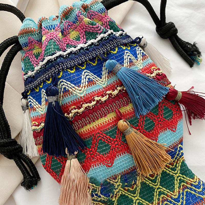 Damer Straw Bohemian Stilfuld Fish Tassel Design Crossbody-taske Mode Vintage Skuldertaske Med Snoretræk