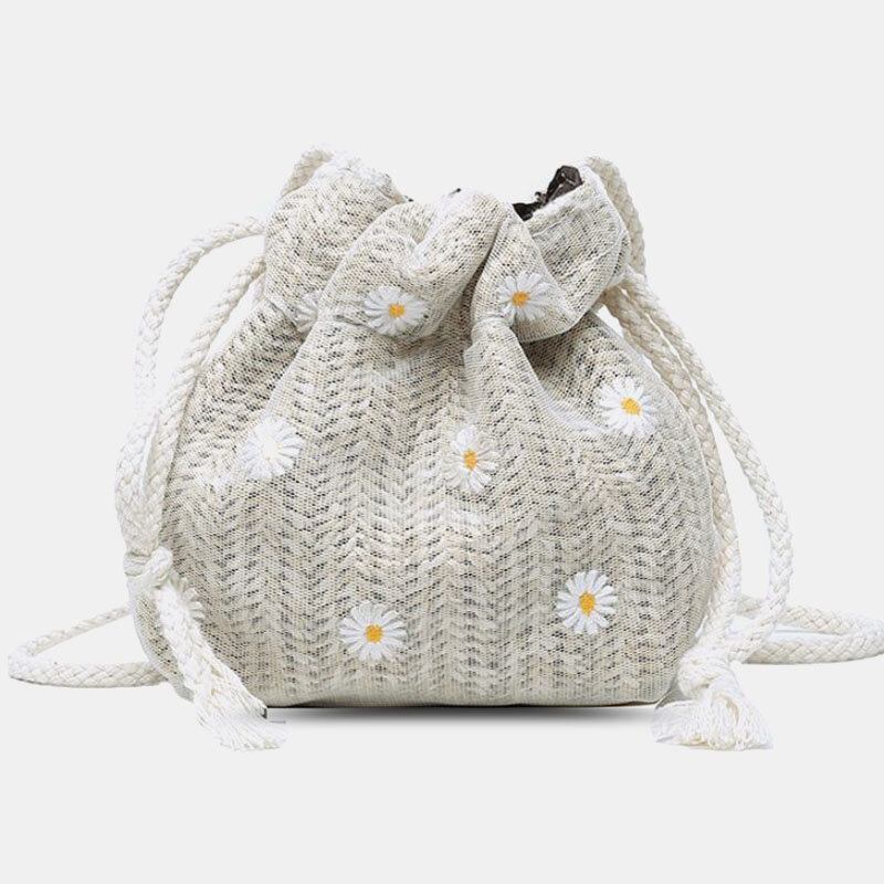 Damer Straw Daisy Solsikkemønster Print Casual String Blondetaske Strandtaske Bucket Taske Crossbody Taske Håndtaske