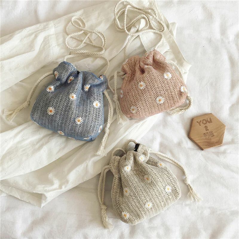 Damer Straw Daisy Solsikkemønster Print Casual String Blondetaske Strandtaske Bucket Taske Crossbody Taske Håndtaske