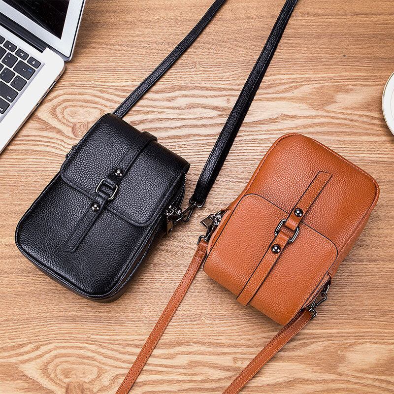 Kvinder Ægte Læder Casual Retro Flerlags Øretelefonhul 6.5 Tommer Telefontaske Crossbody Taske