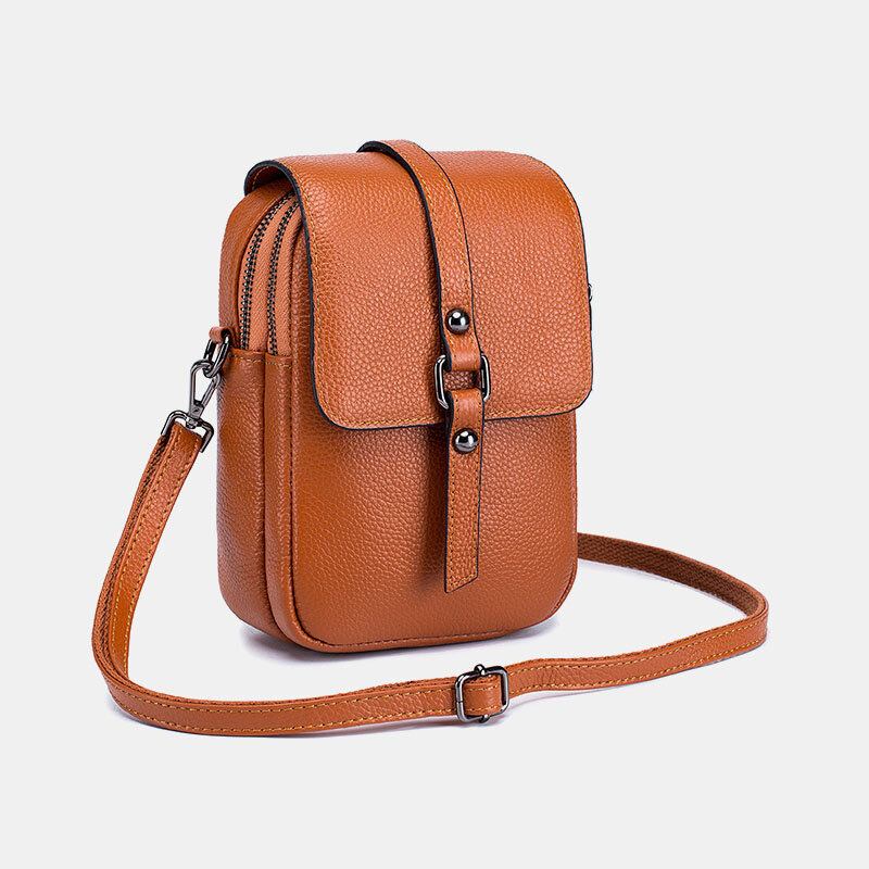 Kvinder Ægte Læder Casual Retro Flerlags Øretelefonhul 6.5 Tommer Telefontaske Crossbody Taske