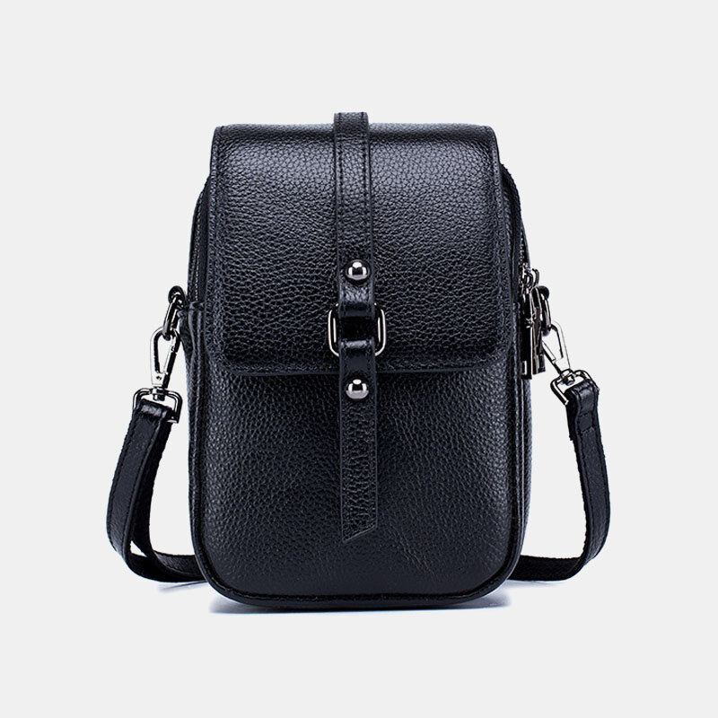 Kvinder Ægte Læder Casual Retro Flerlags Øretelefonhul 6.5 Tommer Telefontaske Crossbody Taske