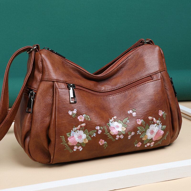 Kvinder Etnisk Blomst Broderet Large Capacoty Crossbody Taske Vintage Texture Hardware Vandtæt Åndbar Blødt Læder Skuldertaske