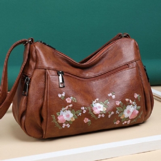 Kvinder Etnisk Blomst Broderet Large Capacoty Crossbody Taske Vintage Texture Hardware Vandtæt Åndbar Blødt Læder Skuldertaske