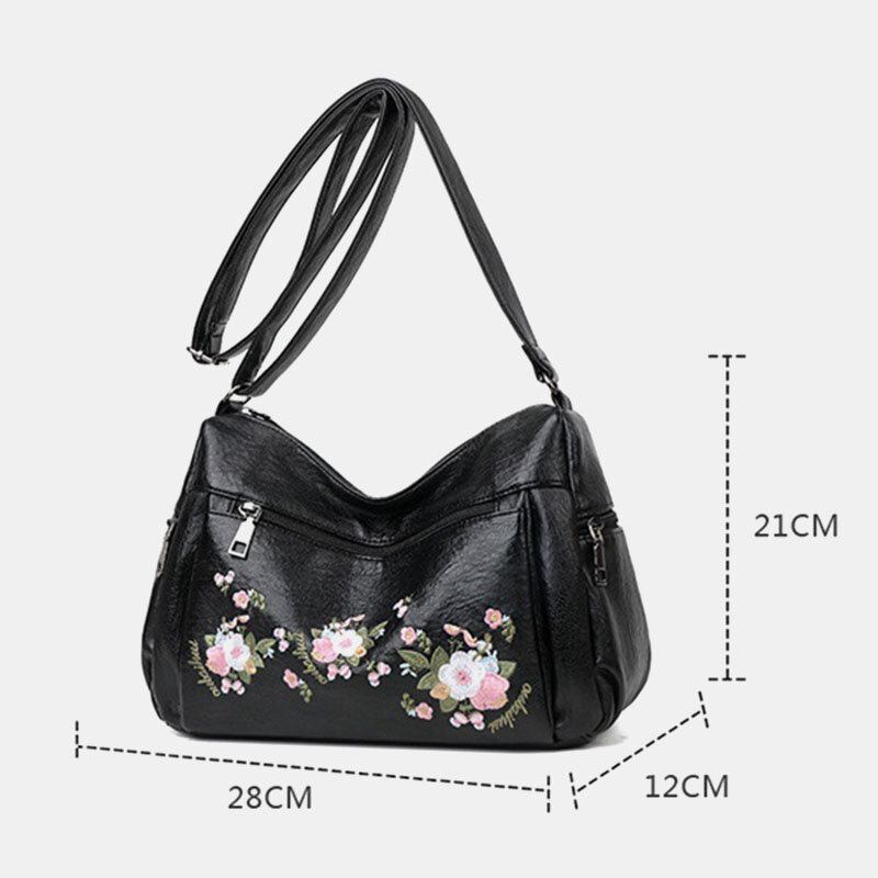 Kvinder Etnisk Blomst Broderet Large Capacoty Crossbody Taske Vintage Texture Hardware Vandtæt Åndbar Blødt Læder Skuldertaske