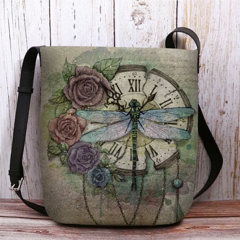 Kvinder Filt Afslappet Vintage 3d Dragonfly Flower Printing Mønster Crossbody Taske Skuldertaske