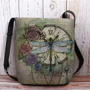 Kvinder Filt Afslappet Vintage 3d Dragonfly Flower Printing Mønster Crossbody Taske Skuldertaske