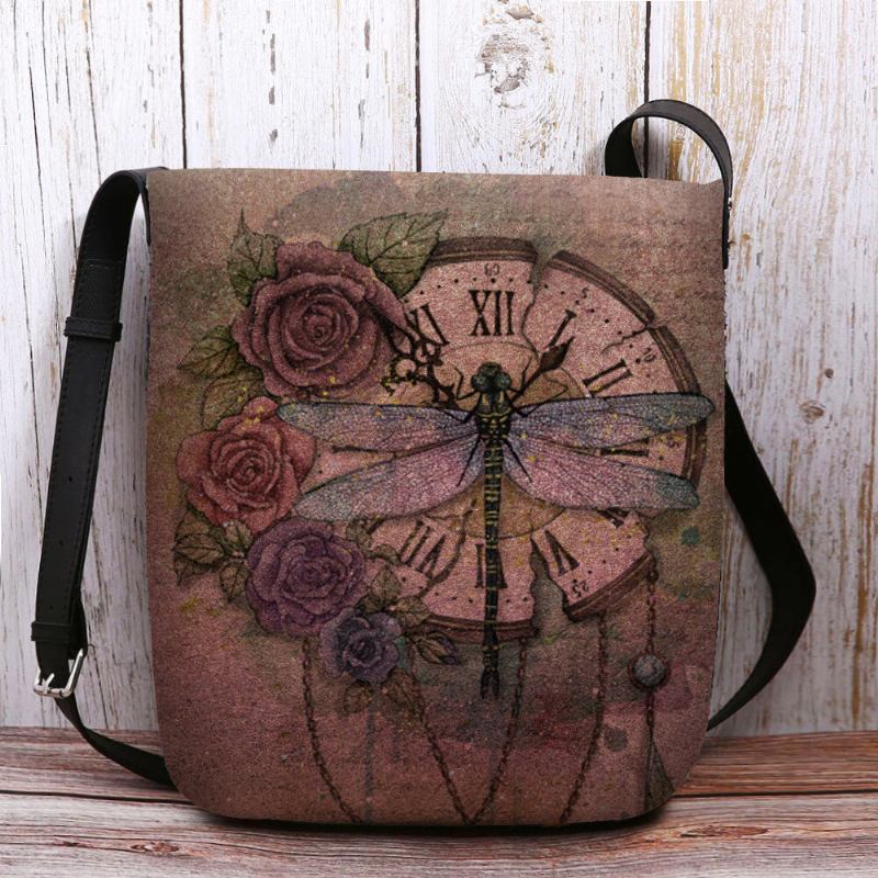 Kvinder Filt Afslappet Vintage 3d Dragonfly Flower Printing Mønster Crossbody Taske Skuldertaske